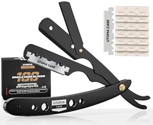 Utopia Care Professional Barber Straight Edge Razor Safety with 100-Pack Blades - 100 Percent Stainless Steel (Black)